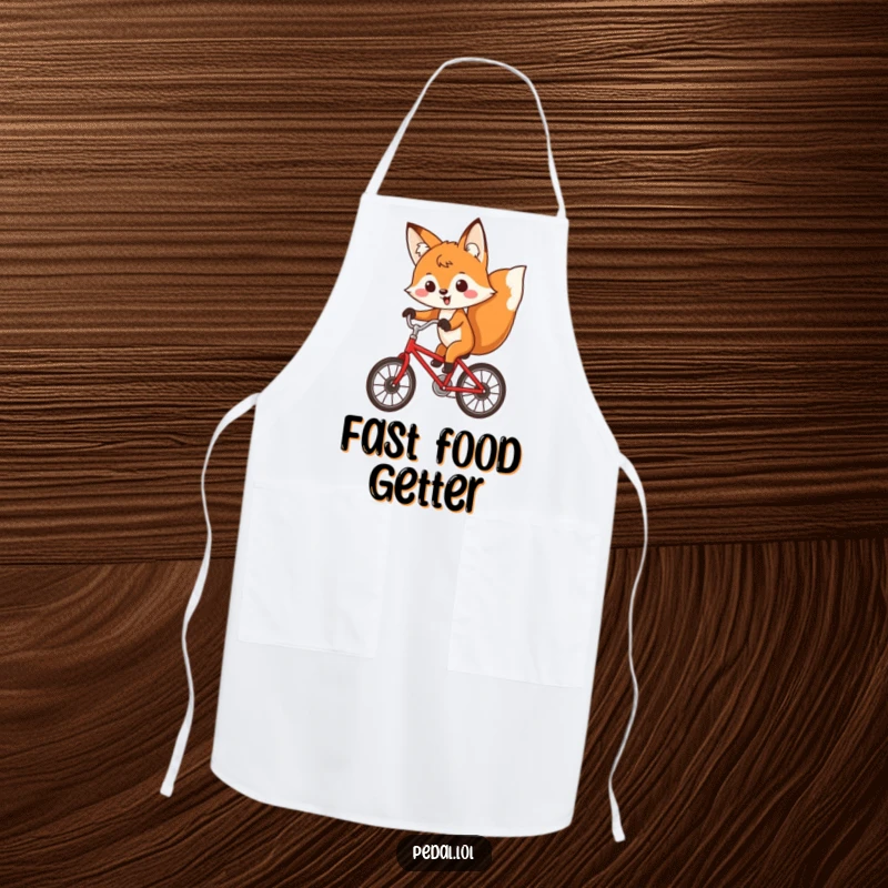 Funny fox with a determined expression riding a red bicycle, ready for kitchen duty on this humorous apron.