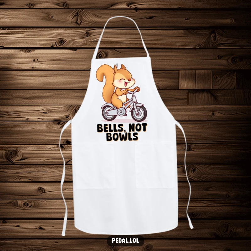 Funny squirrel ringing a bike bell on an apron, a humorous kitchen accessory for cooking enthusiasts and animal lovers.