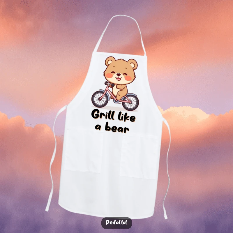 Funny Apron: A happy bear cub grins widely while cycling a miniature bike, adding comical joy to any cooking task.