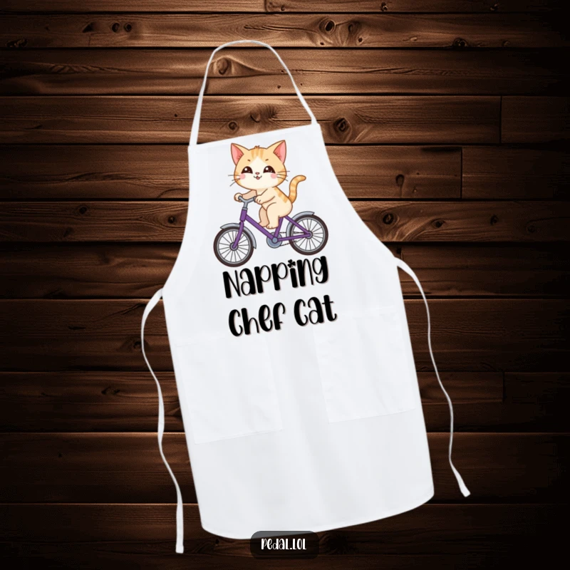 Funny cat happily riding a purple bicycle, looking around with curiosity, ready for kitchen duty on this humorous apron.