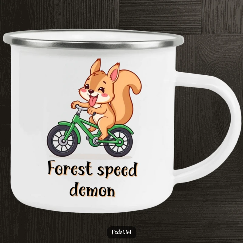 Funny squirrel with its tongue sticking out, riding a green bicycle, on a sturdy and humorous camping mug.