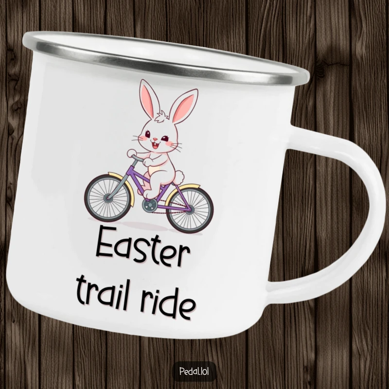Funny Bunny Camping Mug: A happy bunny on a bike with a determined grin, perfect for outdoor drinks.