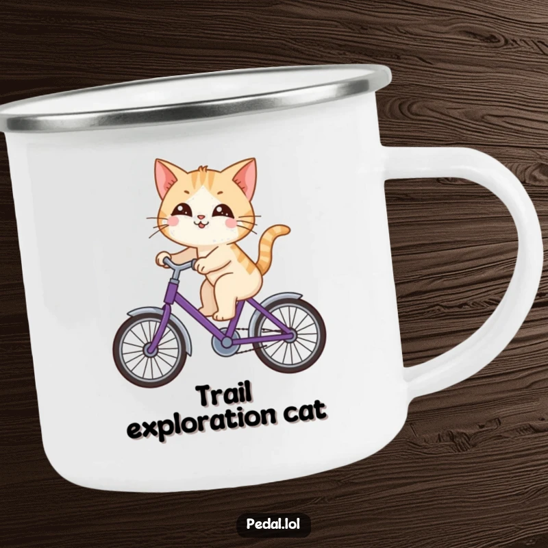 Funny cat happily riding a purple bicycle, looking around with curiosity, on a sturdy and humorous camping mug.