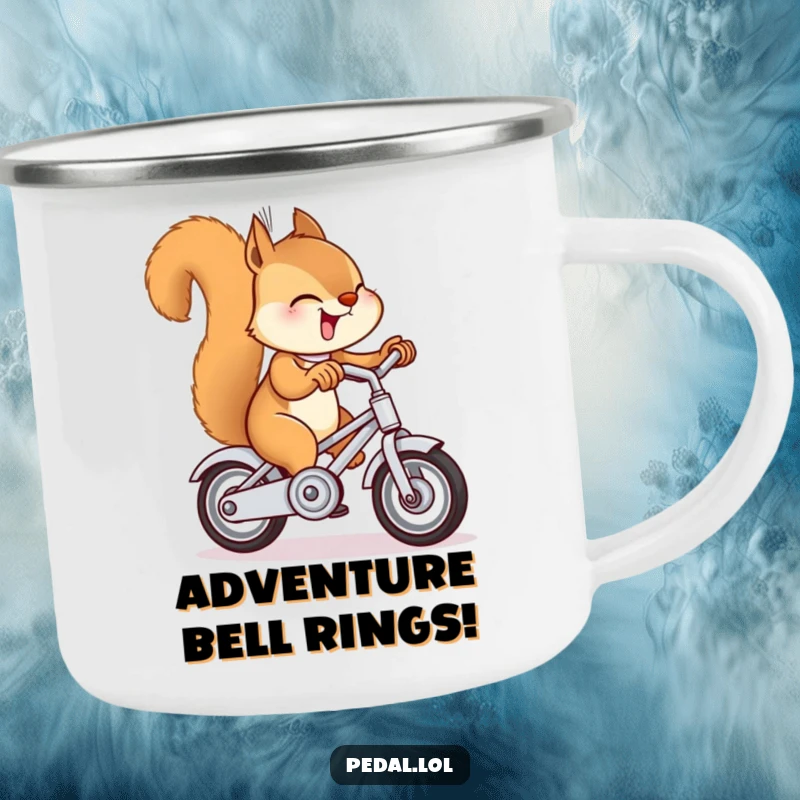 Durable funny squirrel ringing a bike bell on a camping mug, perfect for outdoor enthusiasts and humorous gift-giving.