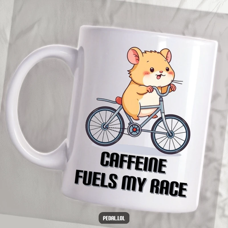 Funny Hamster Bicycle Mug: An energetic hamster furiously pedaling a tiny bicycle, embodying speed and determination, a funny gift.