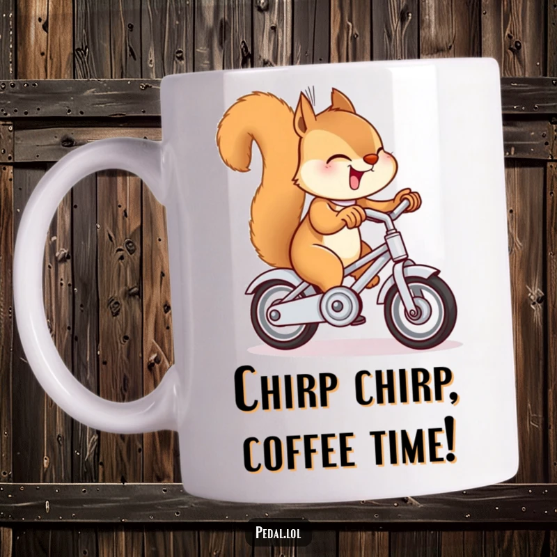 Funny giggling squirrel ringing a bell on a miniature bike, creating a humorous and joyful scene on a mug.