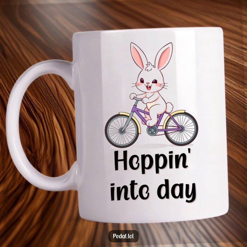 Funny Bunny Mug: A happy bunny with a determined grin pedals a colorful bike, symbolizing joy and perseverance.