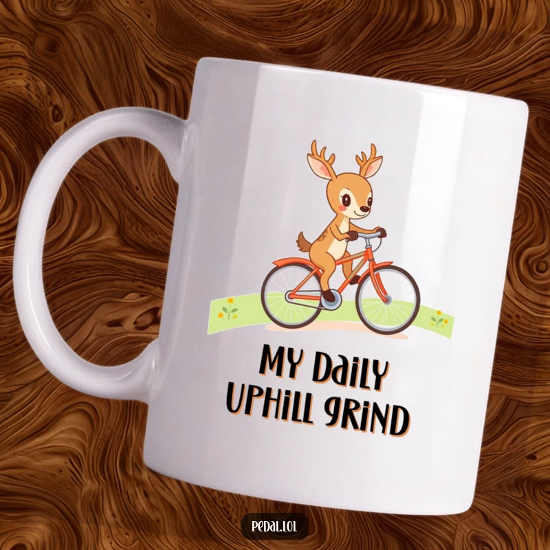 Funny deer riding a colorful bicycle up a hill, embodying determination with a humorous expression, perfect for coffee lovers.
