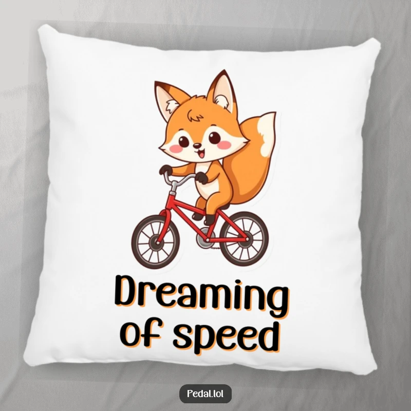 Funny fox with a determined expression cycling a red bicycle, printed on a soft and humorous decorative pillow.