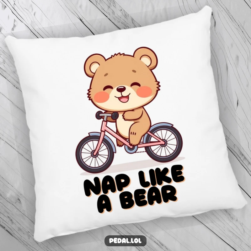 Funny Pillow: A happy bear cub grins while riding a tiny bike, offering comforting softness and cheerful, playful vibes.