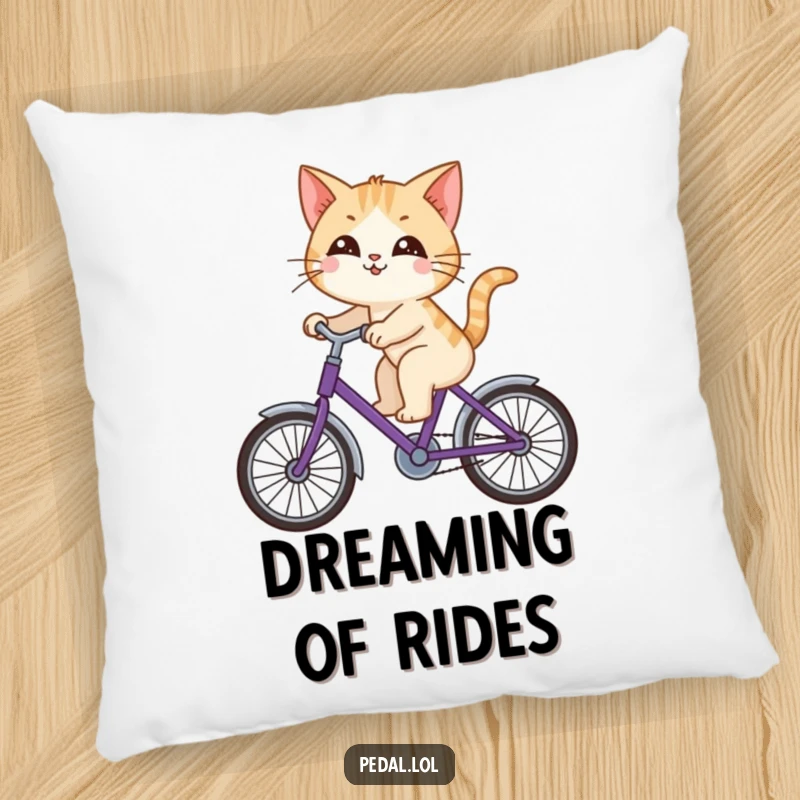 Funny cat happily riding a purple bicycle, looking around with curiosity, printed on a soft and humorous decorative pillow.