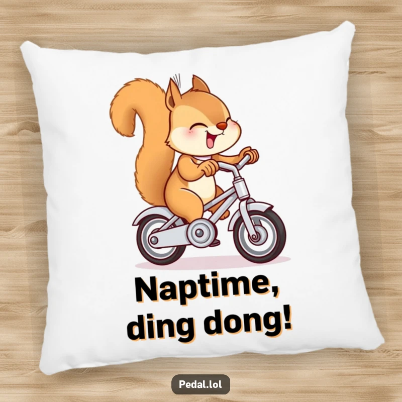 A decorative pillow with a funny squirrel ringing a bike bell, offering a cozy and humorous touch to any living space.