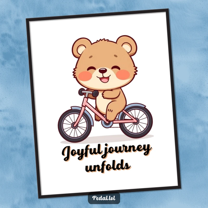 Funny Digital Art Print: A happy bear cub grins broadly while riding a tiny bicycle, perfect for framing and adding cheerful decor.