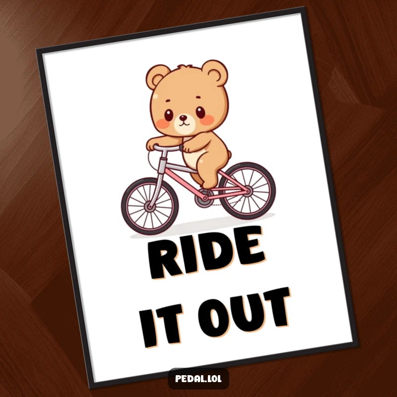 Funny Bear Cub Wobble Art Print: High-resolution digital art of a bear cub humorously wobbling on a bike, perfect for printable wall art, a funny gift.