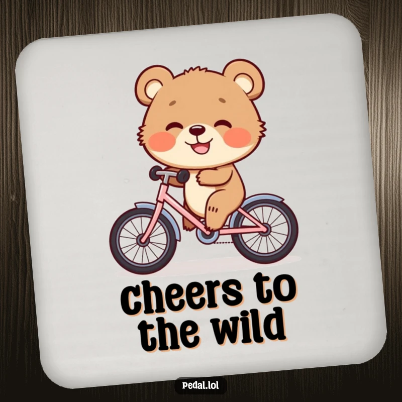 Funny Drink Coasters: A happy bear cub grins widely while riding a tiny bicycle, offering protection with comical charm.