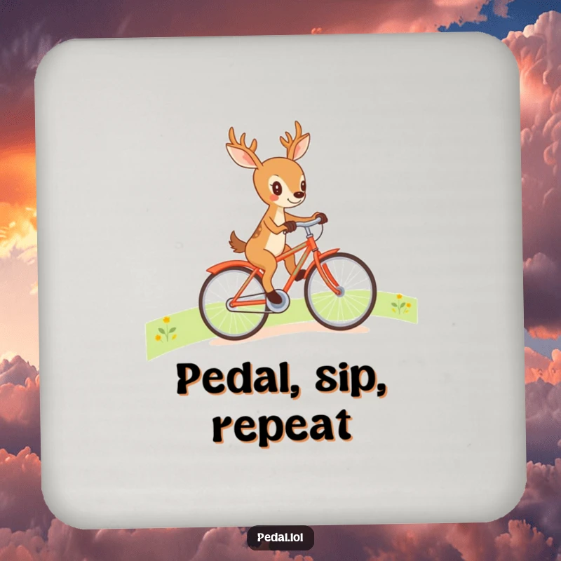 Funny deer cycling on a drink coaster, a humorous and practical home accessory for protecting surfaces.