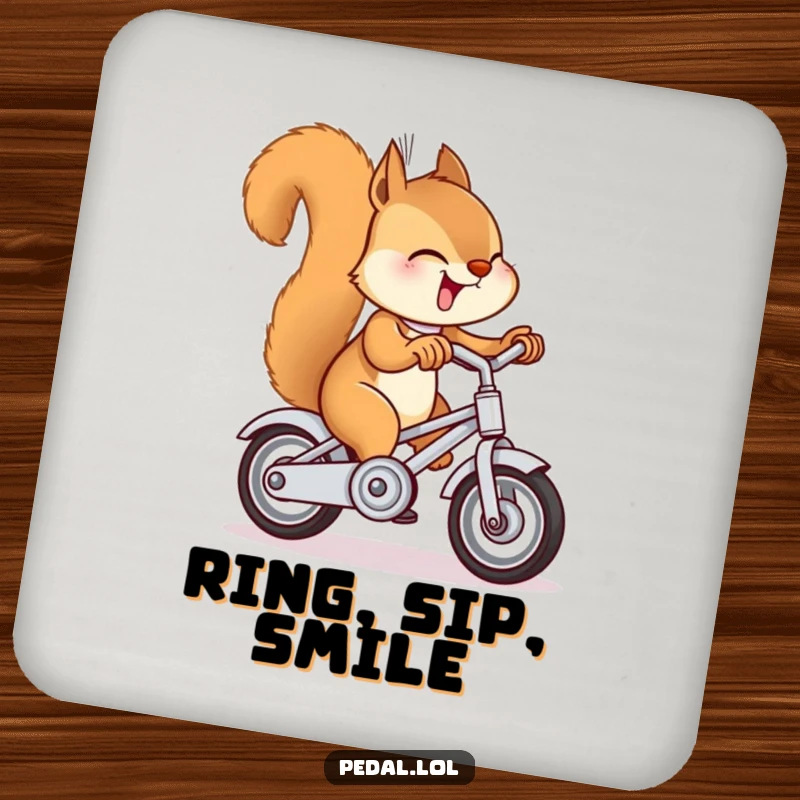 Funny squirrel ringing a miniature bike bell on a drink coaster, a humorous and practical home accessory.