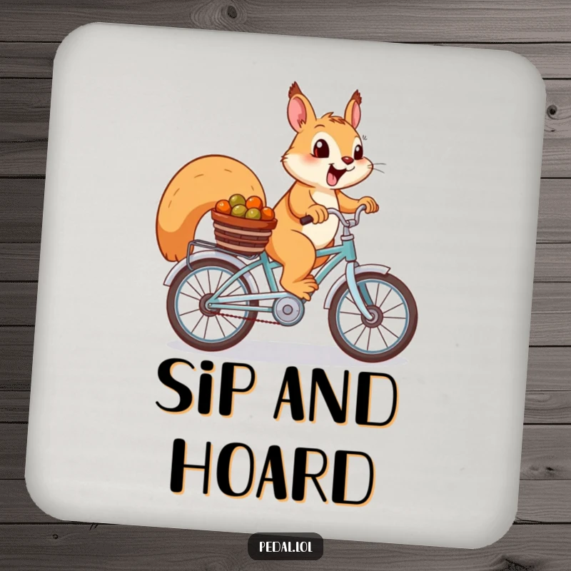 Funny Squirrel Coasters: A cheerful squirrel on a bike with nuts, adding whimsical outdoor charm.
