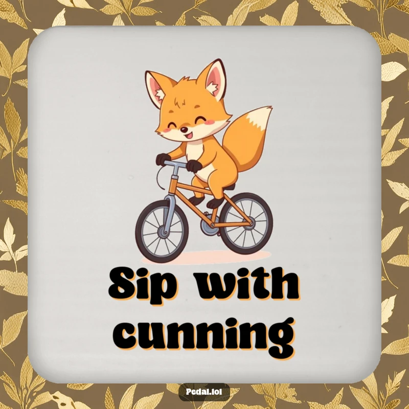 Funny Drink Coasters: A playful fox cub balances with enthusiasm on a bicycle, offering protection with comical charm.