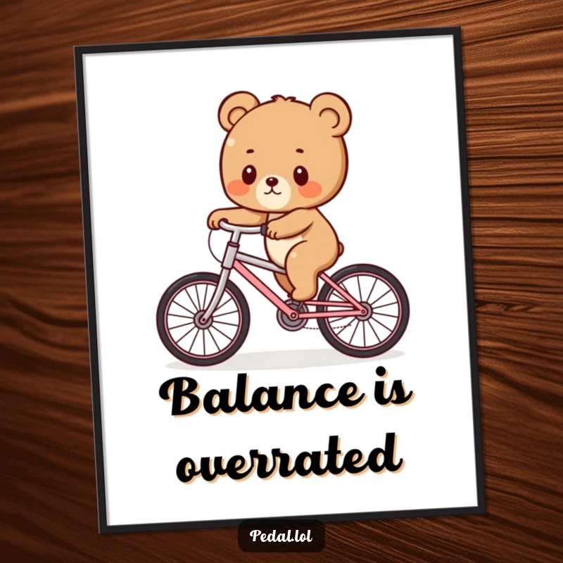 Funny Bear Cub Wobble Poster: An artistic rendering of a bear cub in a precarious, funny wobble on a bicycle, great for wall decor, a funny gift.