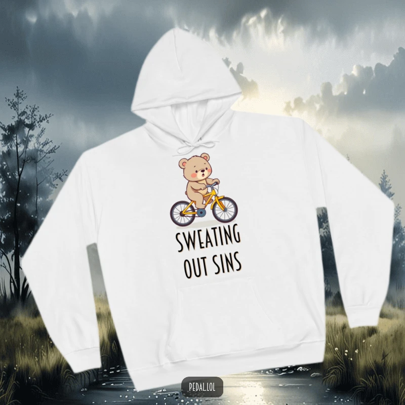 Funny bear pedaling a yellow bicycle uphill with great effort, featured on this warm and humorous hoodie.