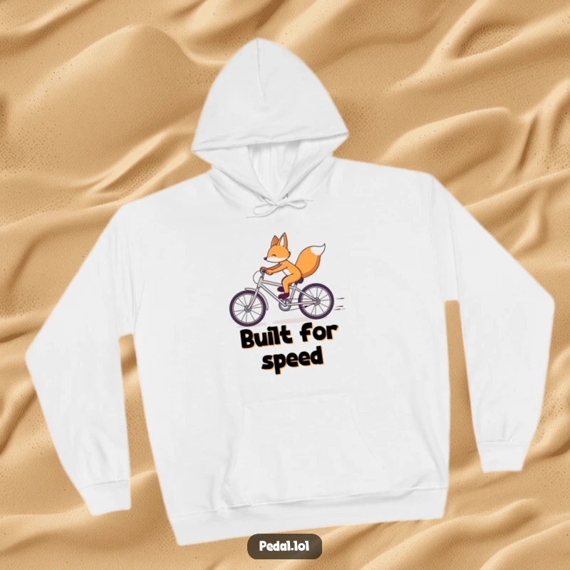 Funny Fox Bicycle Hoodie: A dynamic illustration of a fox pedaling a bicycle at top speed, designed for comfort and a funny gift.