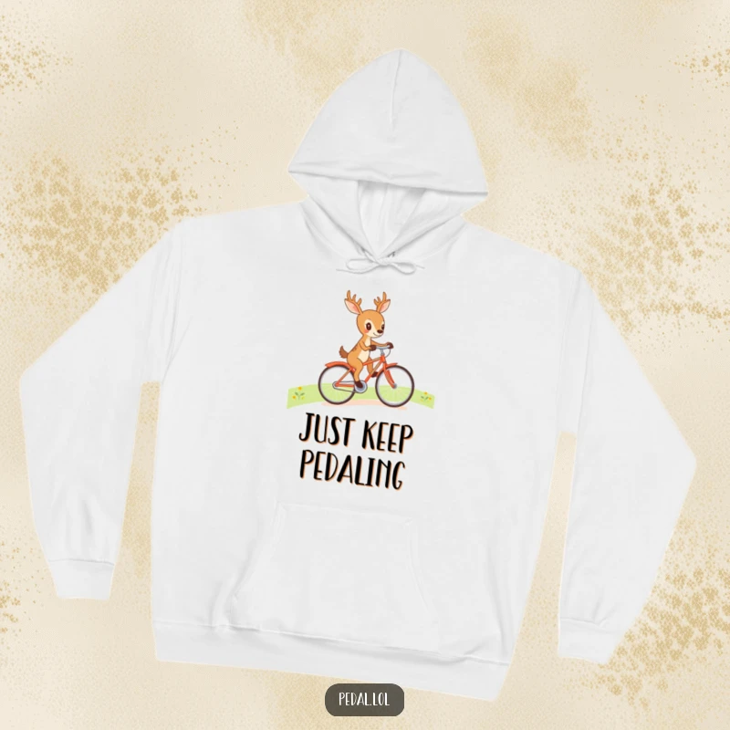 Funny deer cycling uphill on a colorful bike, depicted on a cozy hoodie, a humorous and warm gift for winter.