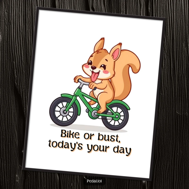 Funny Free Printable Wall Art: Playful squirrel with tongue sticking out, riding a green bike humorously.