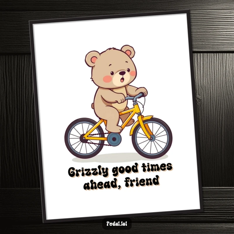 Funny Free Printable Wall Art: Determined bear humorously cycling a yellow bike uphill with great effort.