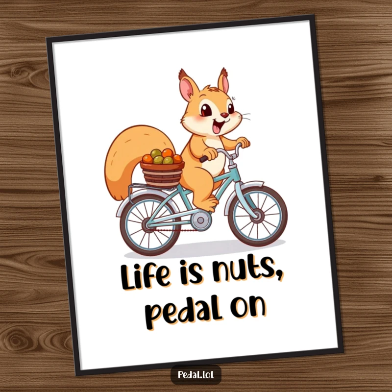 Funny Free Printable Wall Art: A cheerful squirrel pedals a bike loaded with nuts, adding playful charm to your decor.