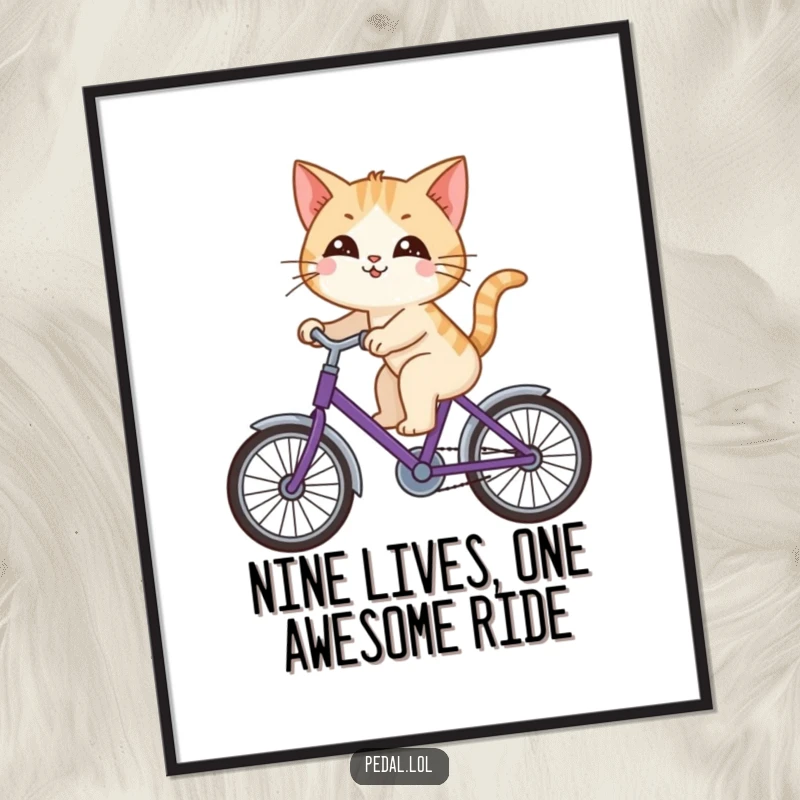 Funny Free Printable Wall Art: Curious cat happily riding a purple bicycle and looking around.