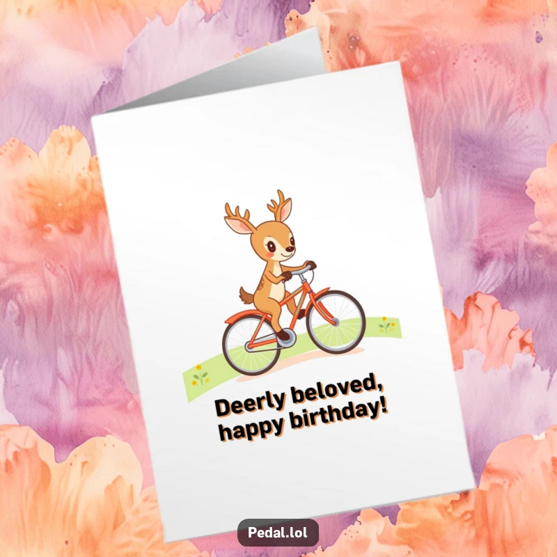 Funny Free Printable Birthday Card: Determined deer in mid-pedal on a colorful bike, conquering a hill with a comical expression.