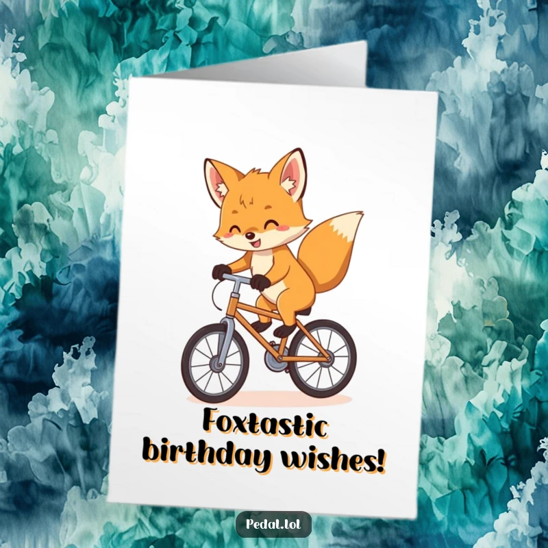 Funny Free Printable Fox Birthday Card: A playful fox cub enthusiastically balancing on a bicycle with great determination.