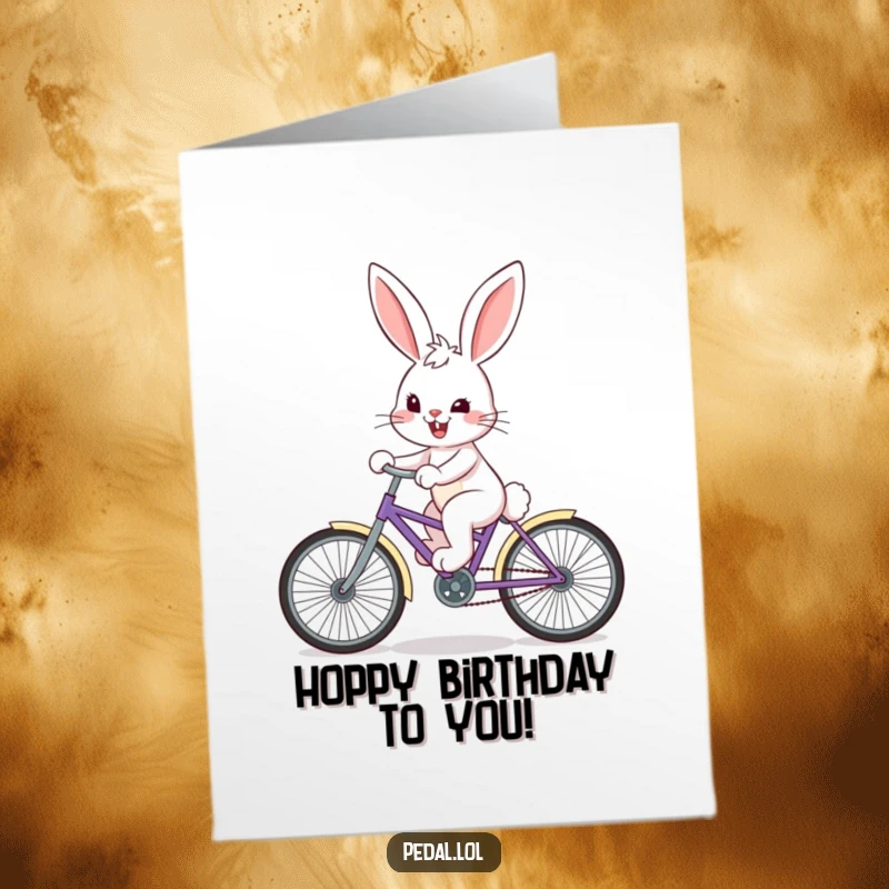 Funny Free Printable Birthday Card: A happy bunny with a determined grin pedals a colorful bike, celebrating your birthday.