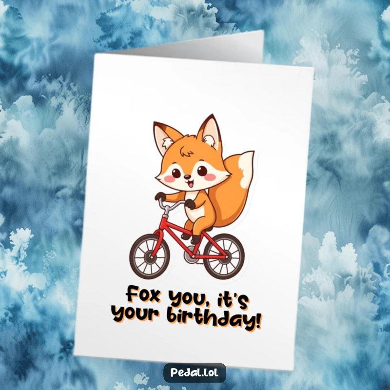 Funny Free Printable Birthday Card: Determined fox gleefully riding a red bicycle, perfect for a laugh.