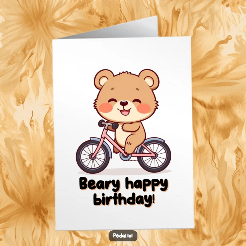 Funny Free Printable Bear Birthday Card: A happy bear cub enthusiastically pedaling a tiny bicycle with a huge, joyful grin.