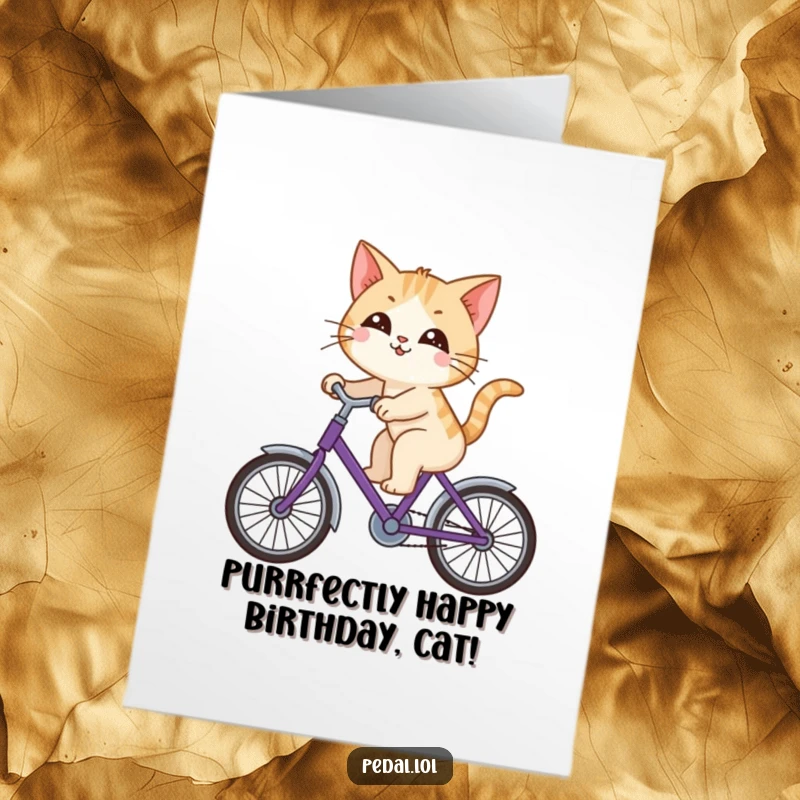 Funny Free Printable Birthday Card: Curious cat happily riding a purple bicycle, exploring its surroundings.