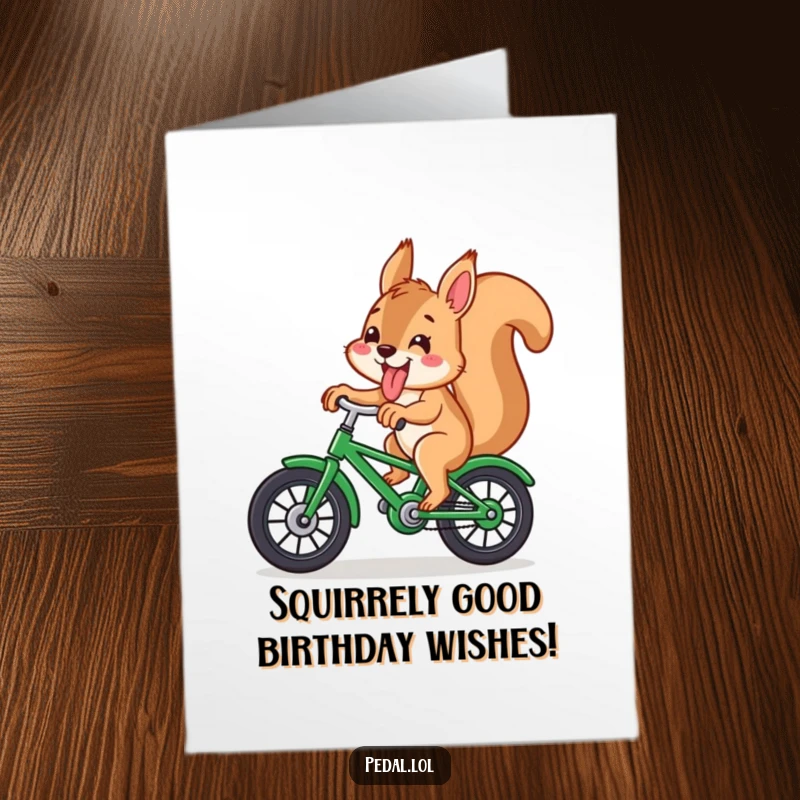 Funny Free Printable Birthday Card: Playful squirrel with tongue out, joyfully riding a green bike.