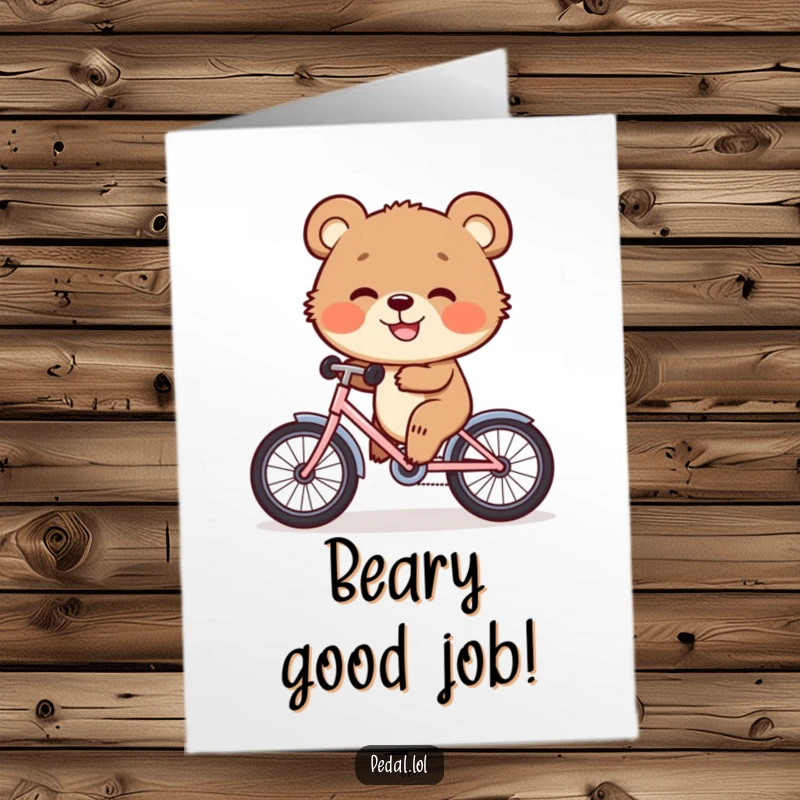 Funny Free Printable Bear Congratulations Card: A happy bear cub gleefully pedaling a small bicycle with an infectious big grin.