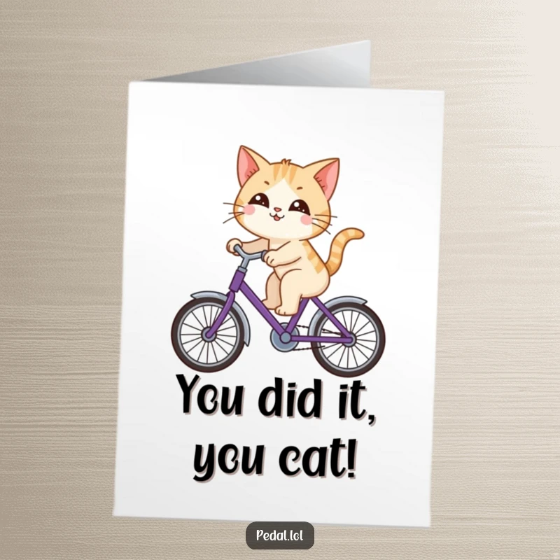 Funny Free Printable Congratulations Card: Curious cat joyfully cycling a purple bicycle, looking around.