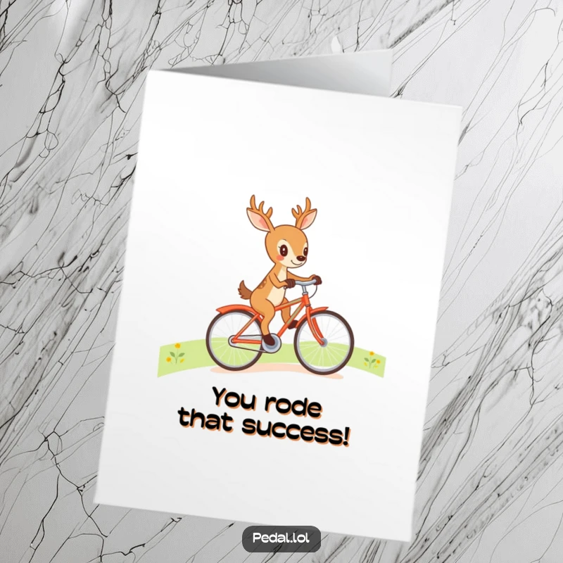 Funny Free Printable Congrats Card: Determined deer pushing a colorful bike uphill, symbolizing a challenging accomplishment, downloadable art.