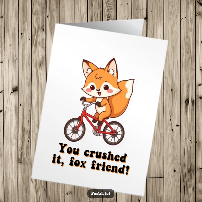 Funny Free Printable Congratulations Card: Determined fox joyfully cycling a red bicycle, celebrating success.