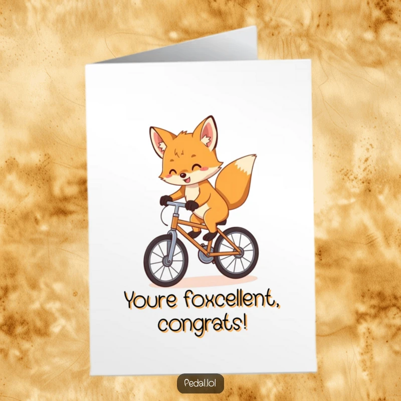 Funny Free Printable Fox Congratulations Card: A playful fox cub skillfully balancing on a bike with infectious enthusiasm.