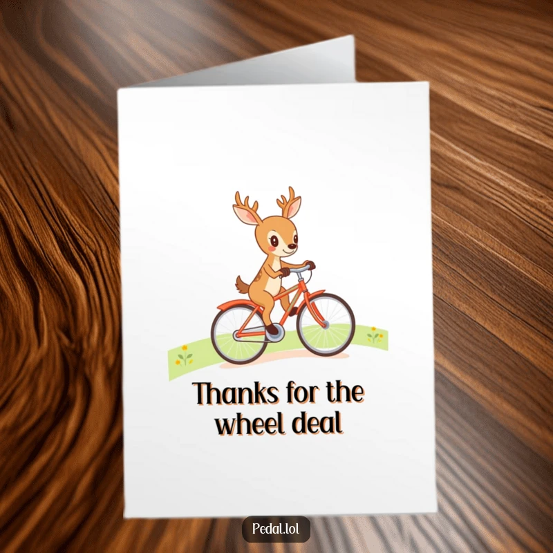 Funny Free Printable Thank You Card: Cheerful deer cycling up a hill conveying thanks, perfect for a unique printable gift.