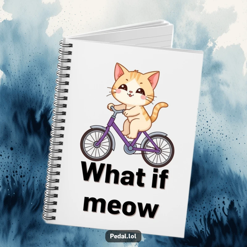 Funny cat happily riding a purple bicycle, looking around with curiosity, inspiring thoughts in this humorous notebook.