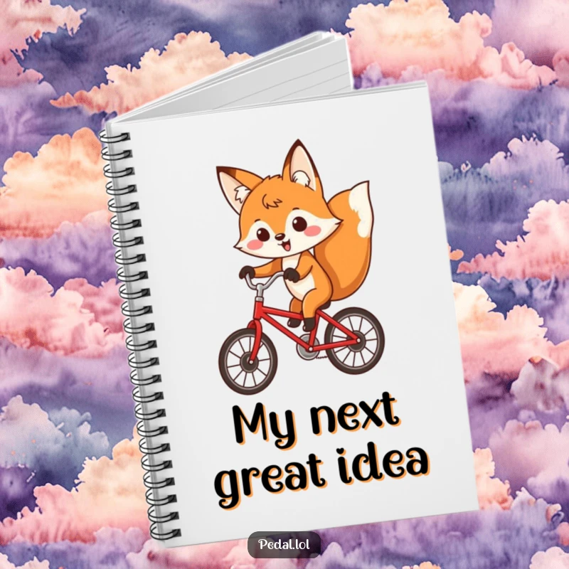 Funny fox with a determined expression riding a red bicycle, inspiring thoughts in this humorous notebook.