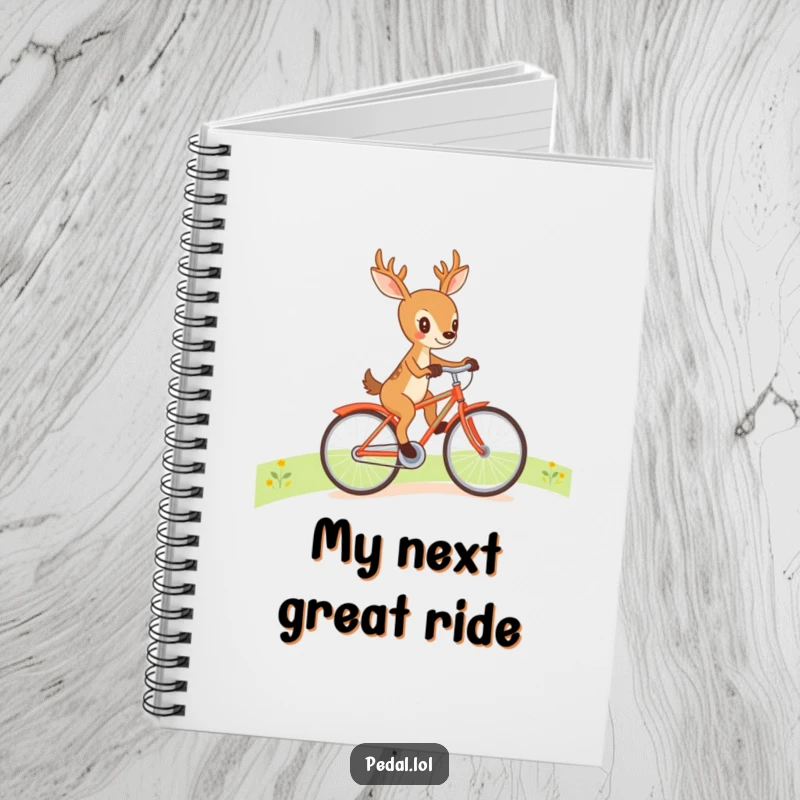 Funny deer riding a bicycle on a notebook cover, a humorous and practical gift for writers and students.