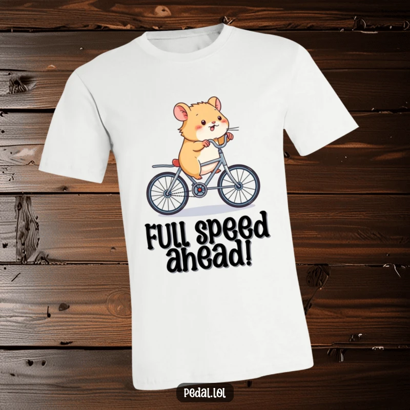 Funny Hamster Bicycle T-Shirt: A detailed illustration of a hamster pedaling a miniature bike with intense speed and funny focus, a great gift.