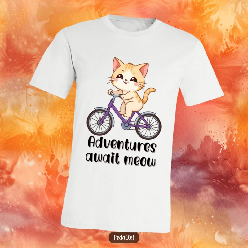 Funny cat happily riding a purple bicycle, looking around with curiosity, a humorous t-shirt.