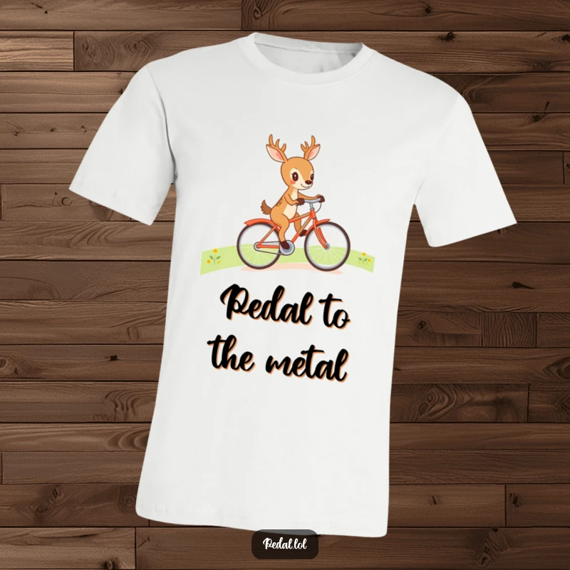 Funny deer pedaling a bicycle uphill with great effort, a humorous graphic tee for outdoor lovers and cyclists.
